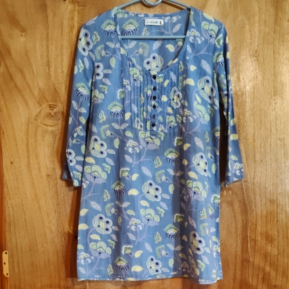 Seasalt Cornwall Sabrina Tunic Periwinkle Blue Floral 100% Cotton Pintuck 12